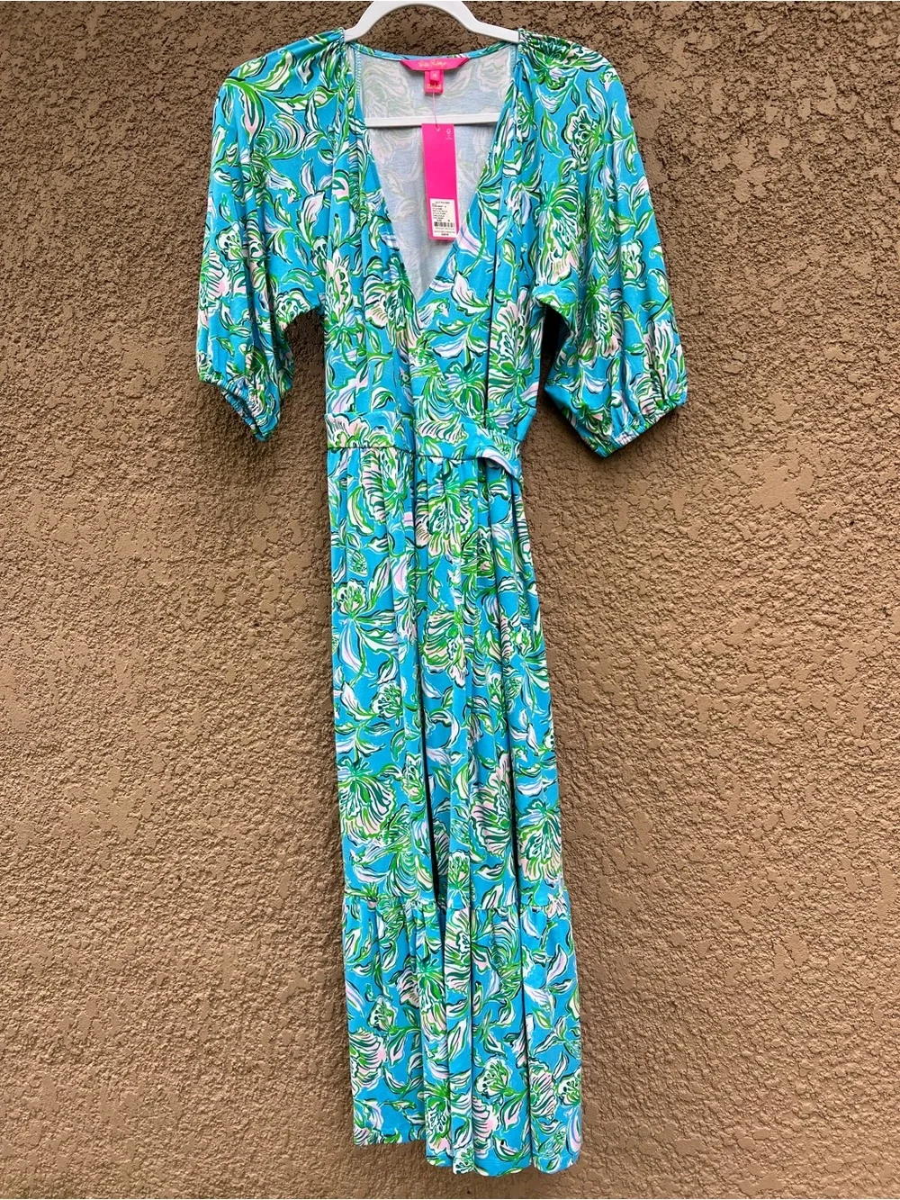 lilly pulitzer wrap dress Kessler Macaw Blue Tall Me About It XL at Amazon Women's Clothing store and trapunto topstitching detail Lilly Pulitzer Pink & Blue